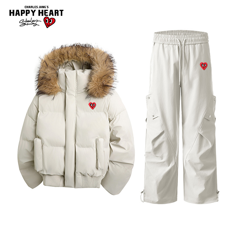 查尔斯桃心毛领连帽棉服休闲套装