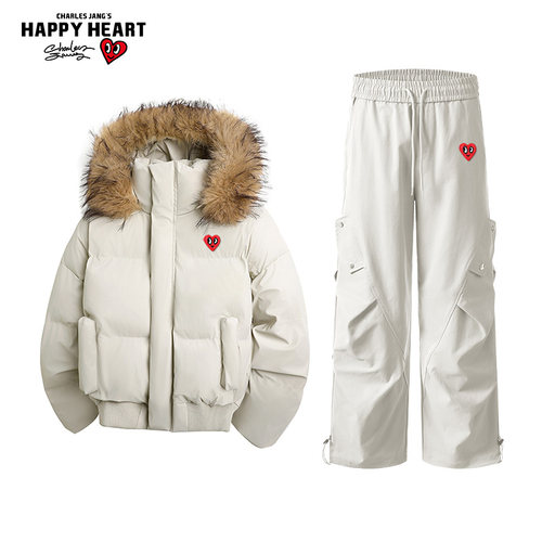 查尔斯桃心毛领连帽棉服休闲套装