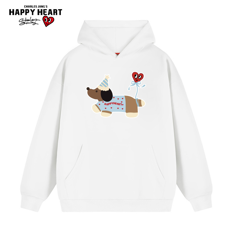 查尔斯桃心 腊肠狗印花美式连帽卫衣男女春秋季宽松情侣外套上衣