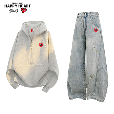 查尔斯桃心美式连帽拉链卫衣休闲套装男秋季情侣破洞弯刀牛仔长裤
