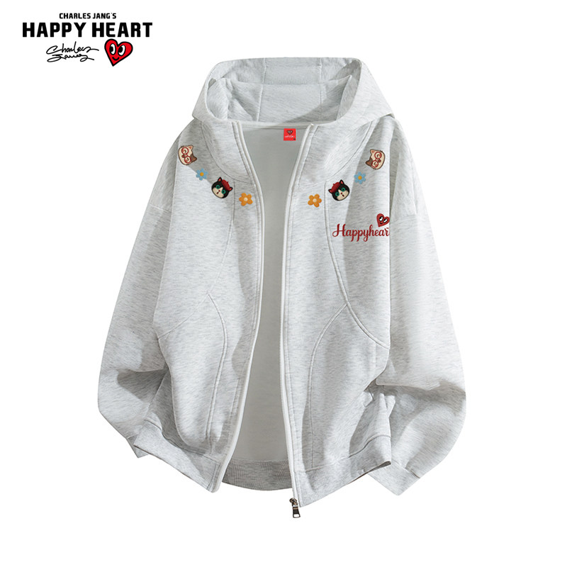 查尔斯桃心美式解构小猫印花开衫卫衣男女春秋季休闲运动连帽外套