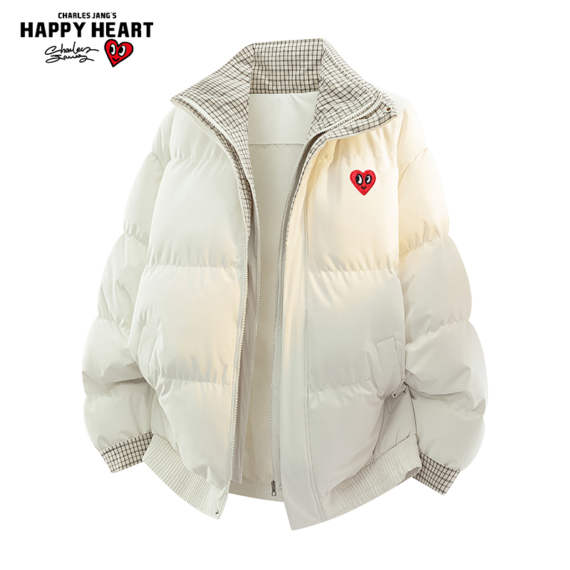 查尔斯桃心假两件格纹棉衣男外套