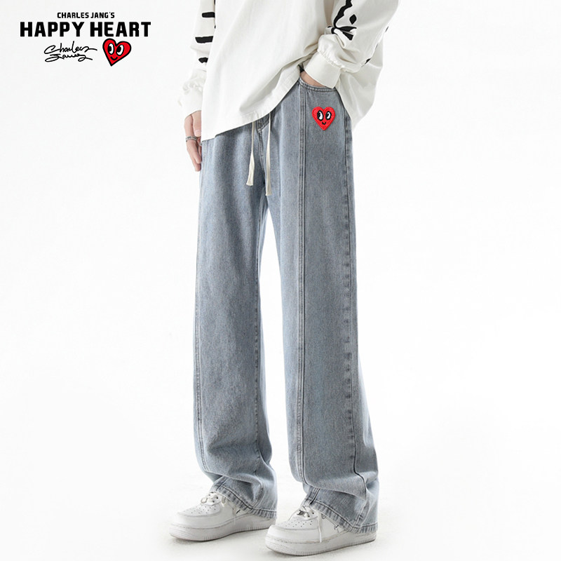 查尔斯桃心 美式中腰水洗牛仔裤男款春秋季直筒休闲百搭抽绳长裤
