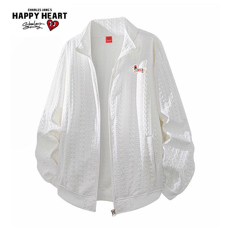 查尔斯桃心春季新款情侣美式腊肠狗徽章麻花纹理立领开衫卫衣外套