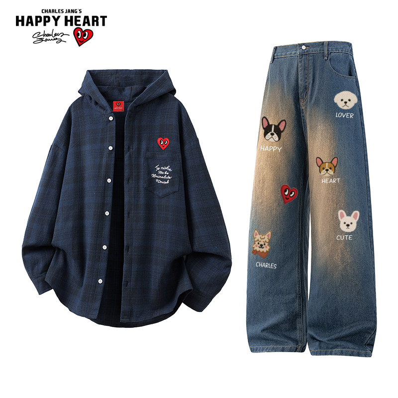 查尔斯桃心美式套装男女秋冬季新款宽松休闲衬衫外套直筒牛仔裤潮,男装,休闲运动套装,淘宝优惠券,粉丝福利购,淘宝优惠卷