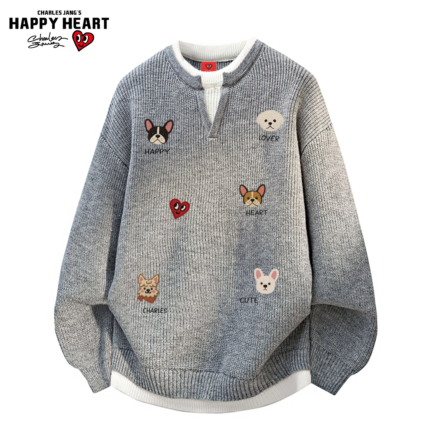查尔斯桃心假两件圆领针织衫毛衣男女秋冬季小狗印花休闲情侣上衣