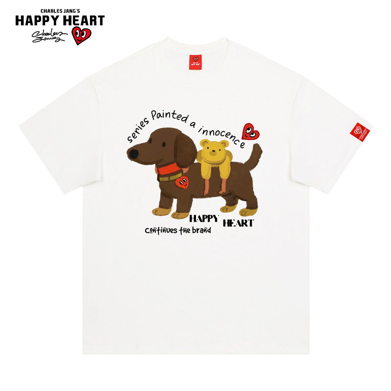 查尔斯桃心 可爱狗印花短袖t恤男夏季新款透气纯棉休闲圆领情侣款