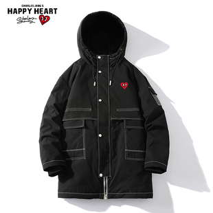查尔斯桃心 中长款羽绒服男秋冬季2025新款连帽宽松加厚冬装外套