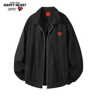 查尔斯桃心 美式烫金满天星翻领夹克男春秋季新款百搭教练服外套