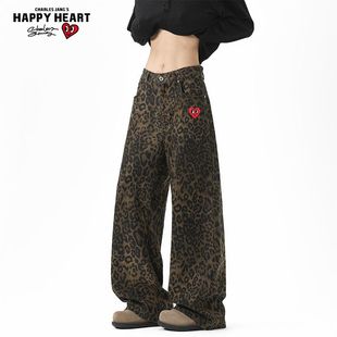 查尔斯桃心复古豹纹潮牌牛仔裤男女春秋季新款百搭直筒休闲长裤子