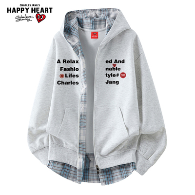 查尔斯桃心美式拼接格子开衫卫衣