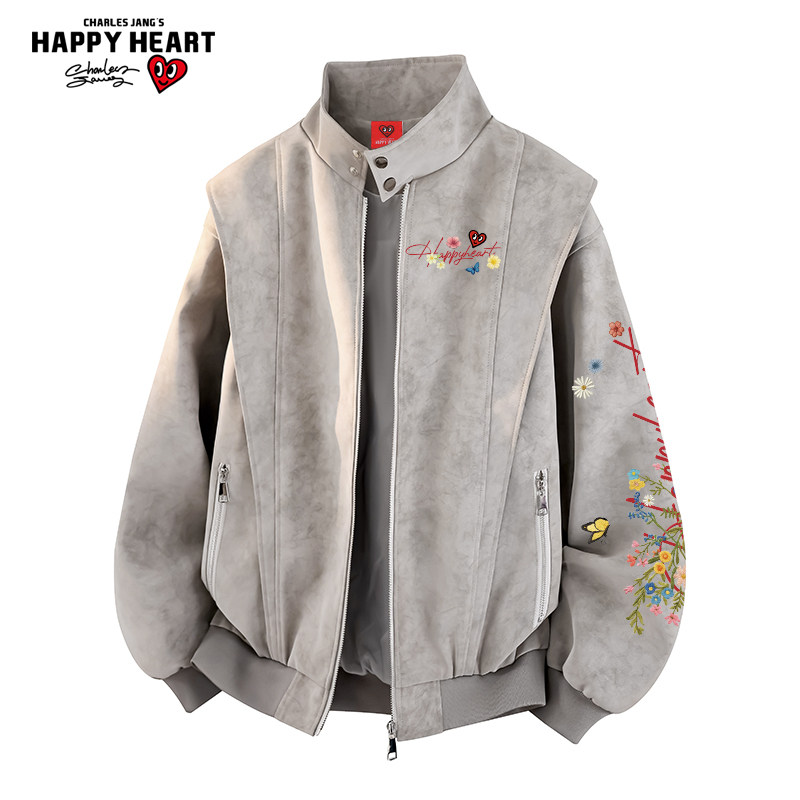 查尔斯桃心 美式解构立领皮夹克男女春秋季潮流百搭休闲情侣外套