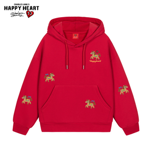 查尔斯桃心2026马年贺岁红色加绒连帽卫衣男秋冬宽松情侣上衣外套