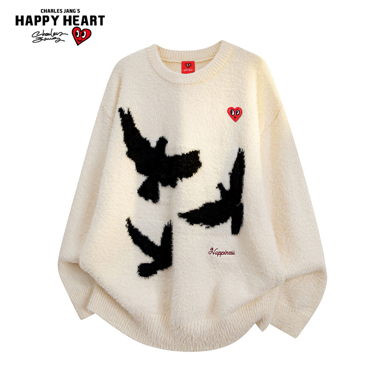 查尔斯桃心慵懒和平鸽毛衣男女秋冬季新款休闲宽松复古情侣针织衫