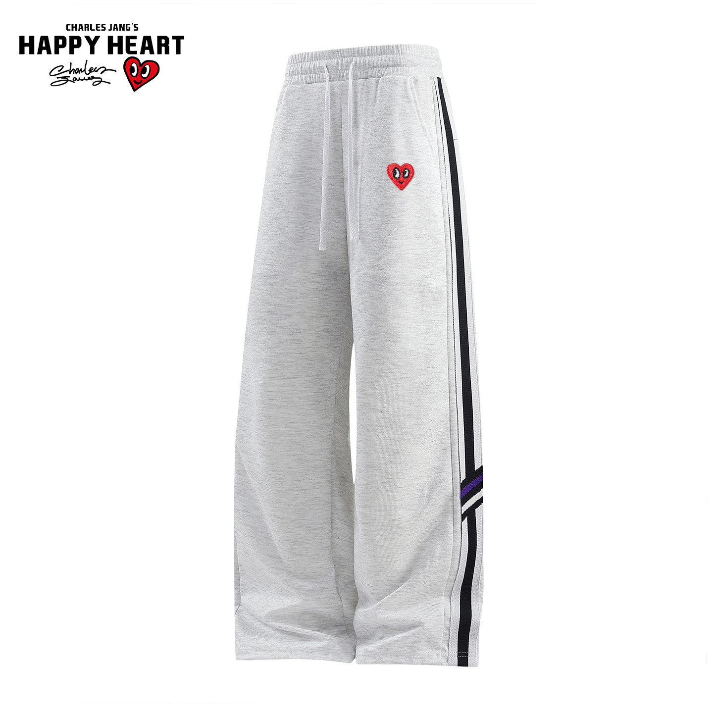 查尔斯桃心新款休闲裤男春秋季爱心刺绣撞色条纹直筒阔腿长裤子