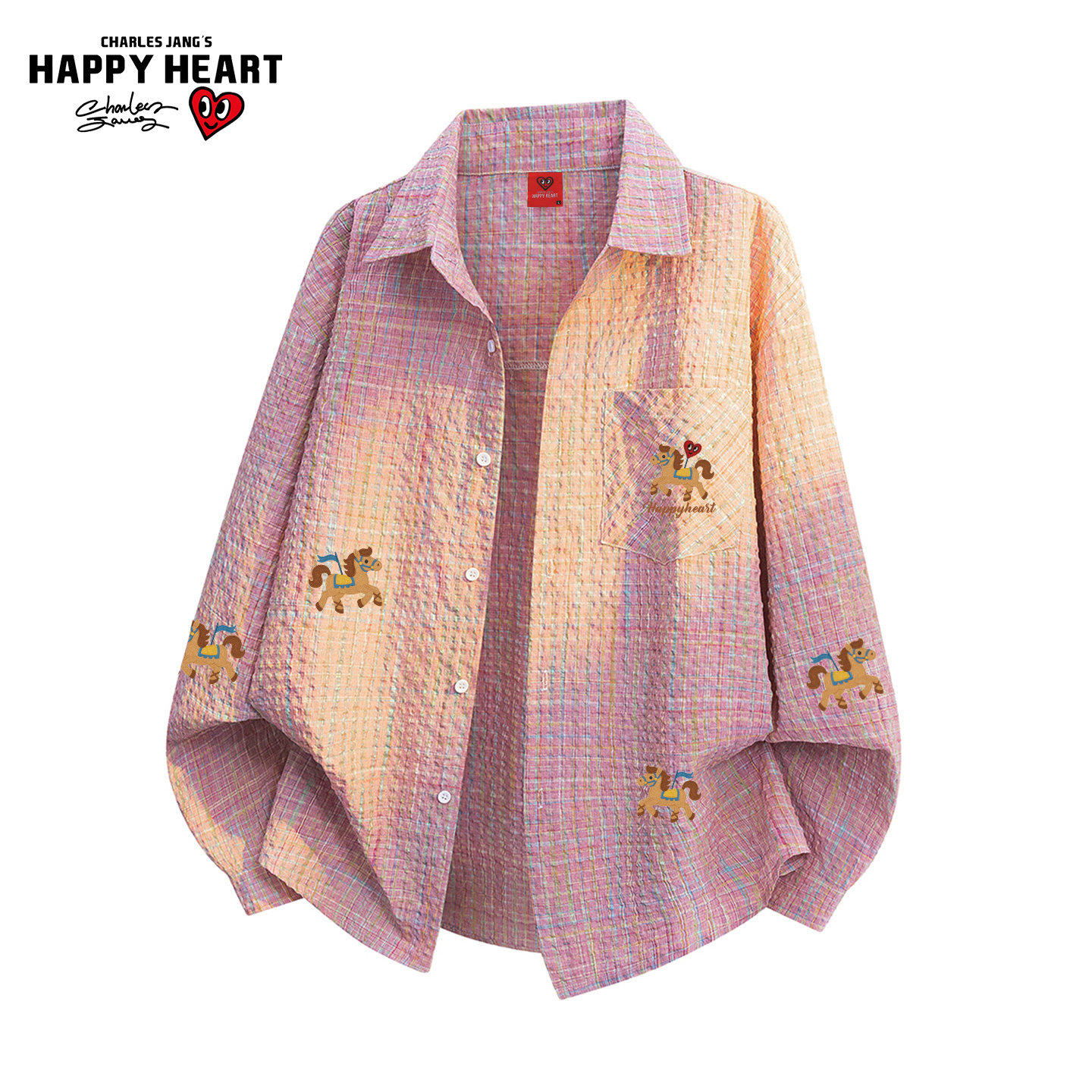 查尔斯桃心格纹小马印花长袖衬衫男女春秋季翻领潮牌情侣衬衫外套