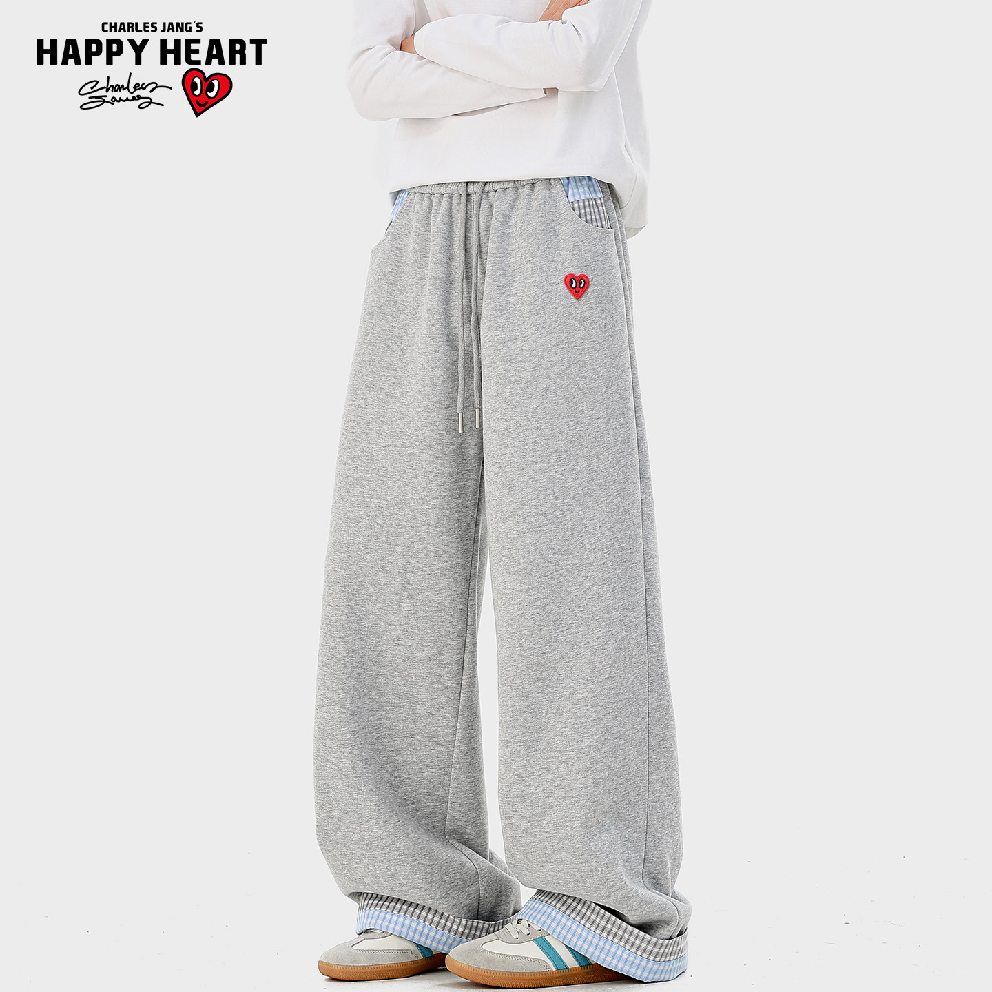 查尔斯桃心美式复古格纹拼接卷边休闲裤男女春季宽松垂感阔腿卫裤,男装,休闲裤,淘宝优惠券,粉丝福利购,淘宝优惠卷