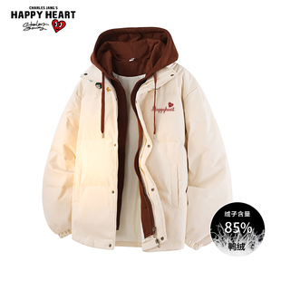 查尔斯桃心小猫印花假两件85羽绒服男女冬季新款宽松休闲情侣外套