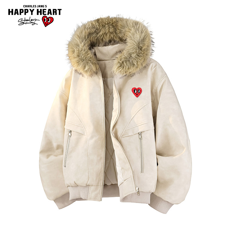 查尔斯桃心连帽毛领座山雕皮棉衣
