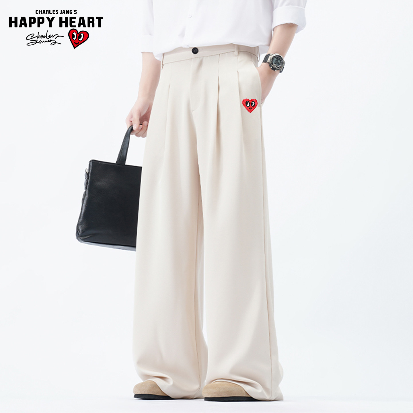 查尔斯桃心 美式阔腿褶皱垂感西裤男女秋冬季加绒情侣休闲弯刀裤