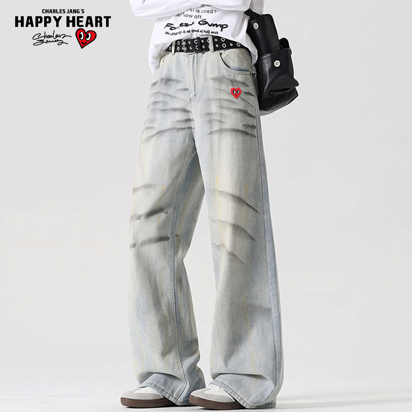 查尔斯桃心美式泼墨牛仔裤男春秋冬季复古宽松阔腿褶皱弯刀长裤子
