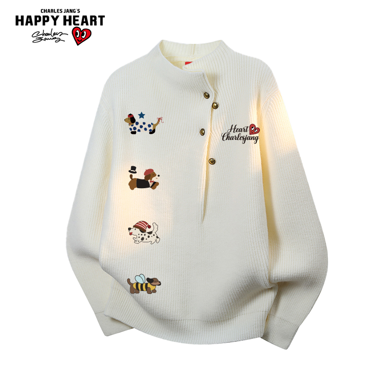 查尔斯桃心小狗印花毛衣男女冬季新款宽松休闲长袖情侣保暖针织衫