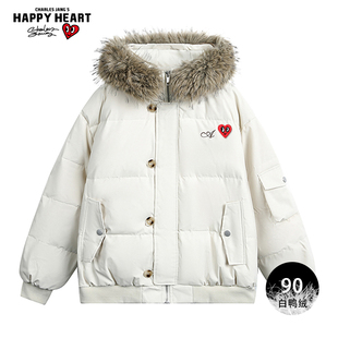 情侣冬装 新款 加厚外套 毛领羽绒服男女2025冬季 查尔斯桃心时尚