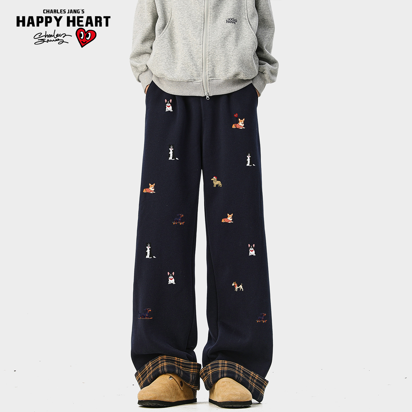 查尔斯桃心格子卷边毛呢裤子男女冬季加绒加厚保暖宽松直筒休闲裤