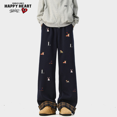 查尔斯桃心格子卷边毛呢裤子男女冬季加绒加厚保暖宽松直筒休闲裤