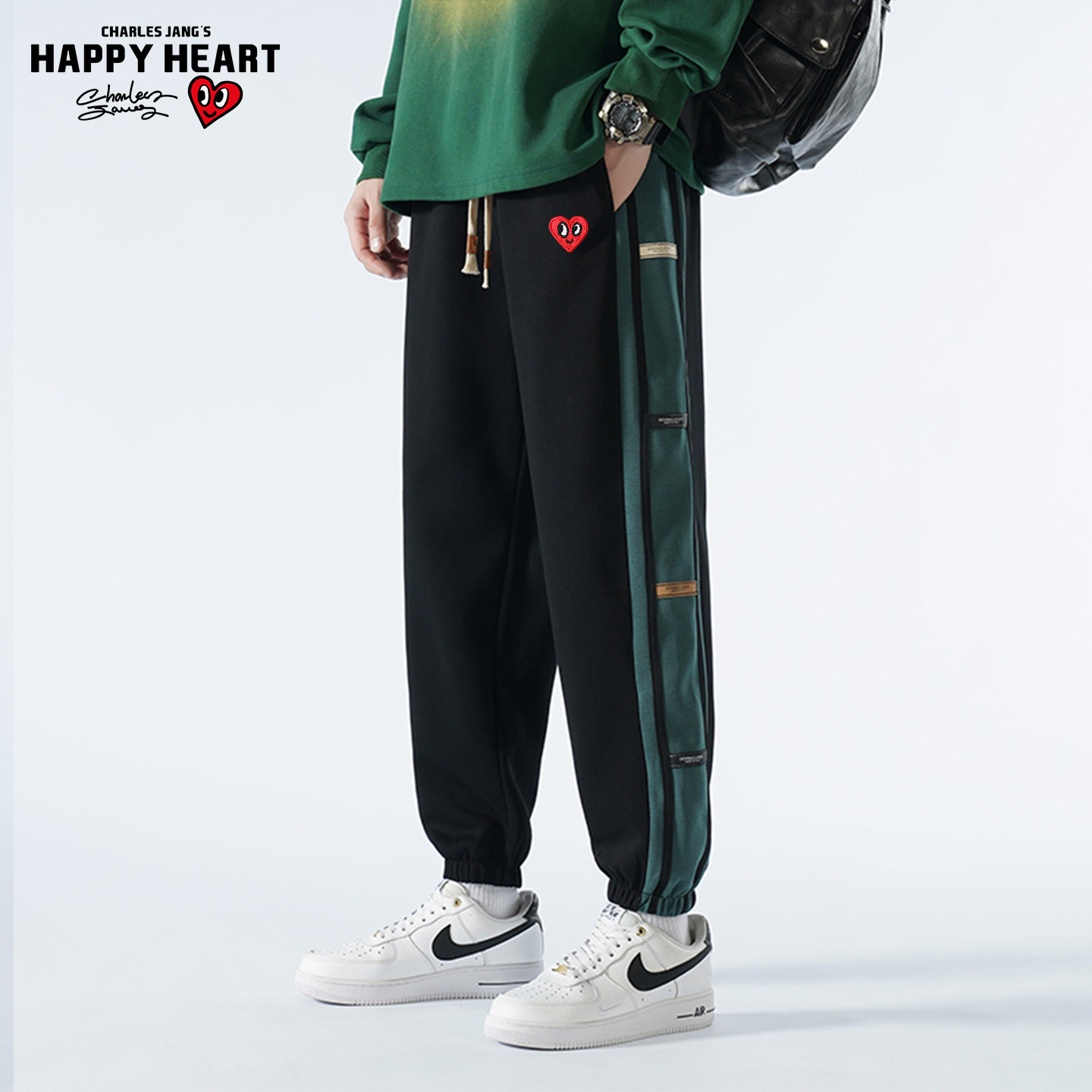 查尔斯桃心美式撞色串标运动卫裤男士春秋季宽松休闲束脚长裤男款