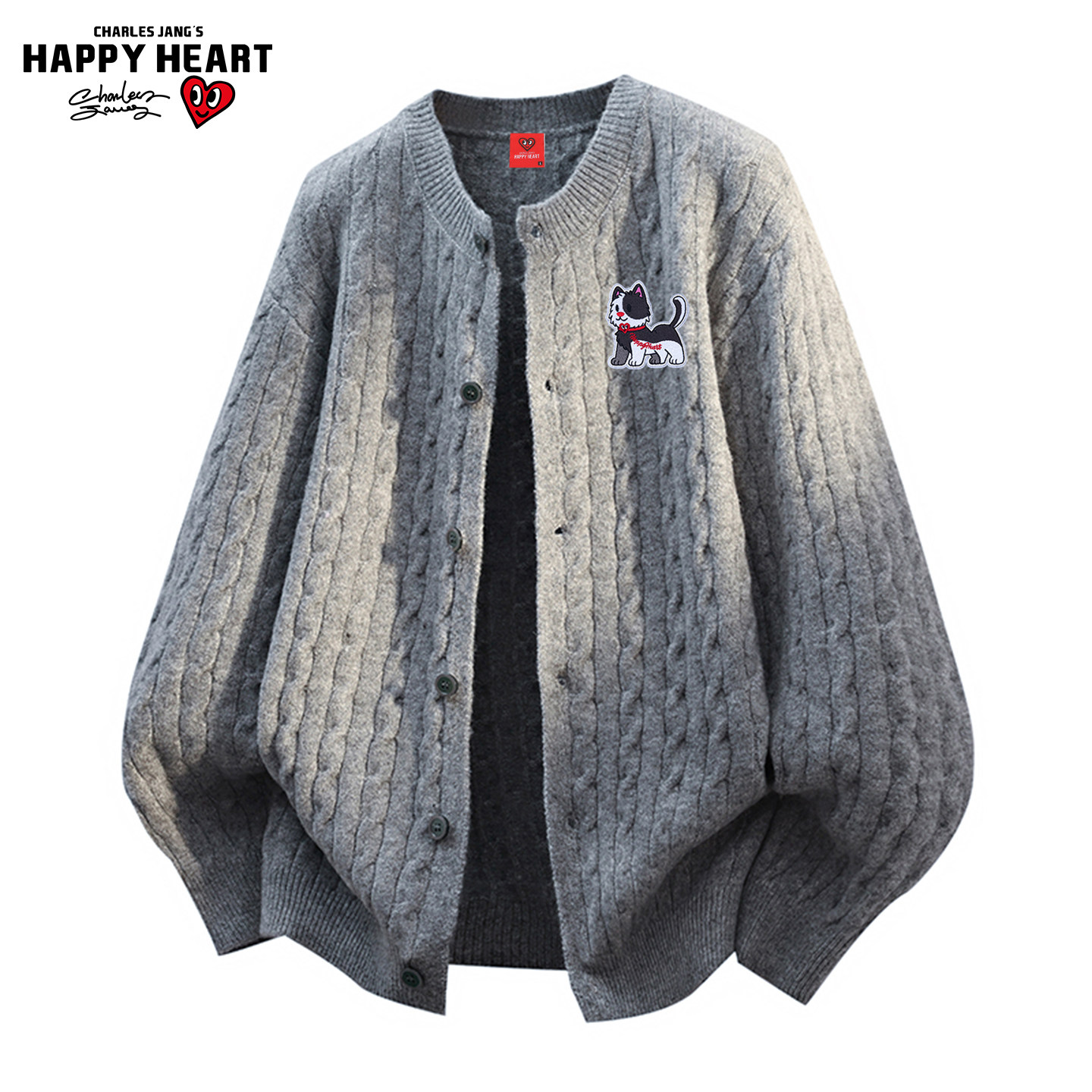查尔斯桃心动物魔术贴麻花纹开衫毛衣男女秋冬慵懒休闲针织衫外套