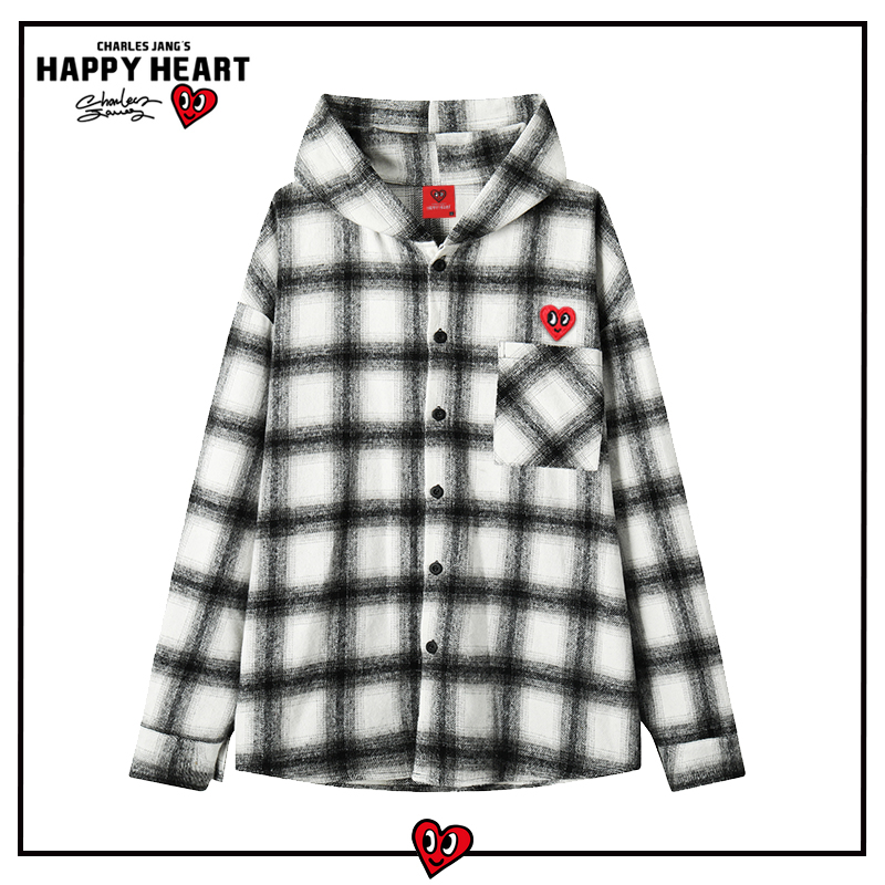查尔斯桃心美式格子连帽长袖衬衫男春秋宽松休闲百搭情侣上衣外套