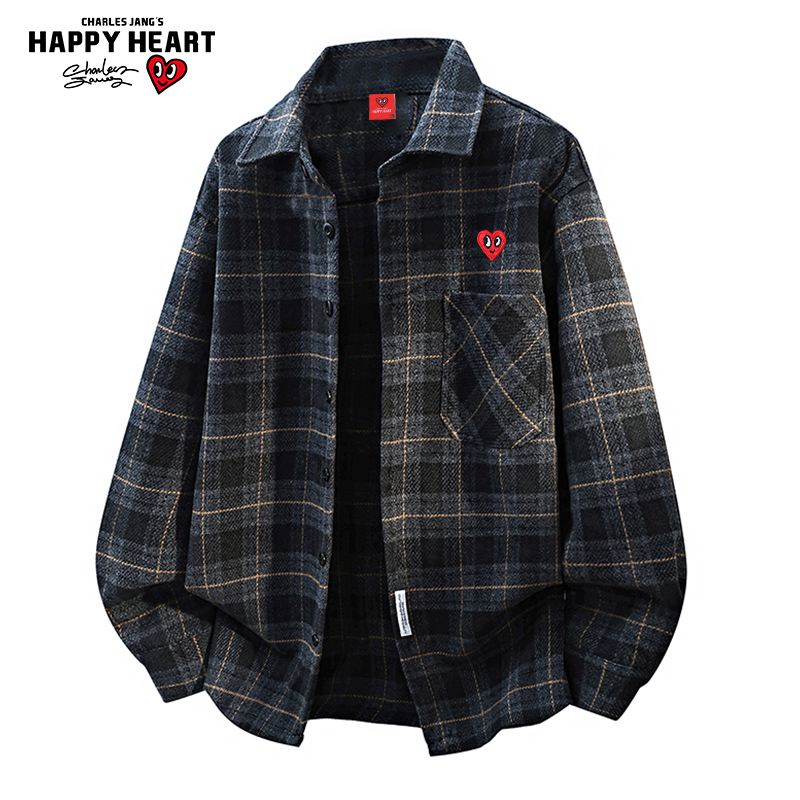 查尔斯桃心重磅格子呢绒长袖衬衫