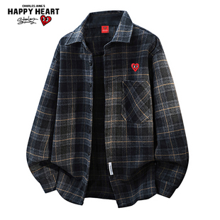 查尔斯桃心 重磅格子呢绒长袖衬衫男秋冬季加厚美式复古衬衣外套