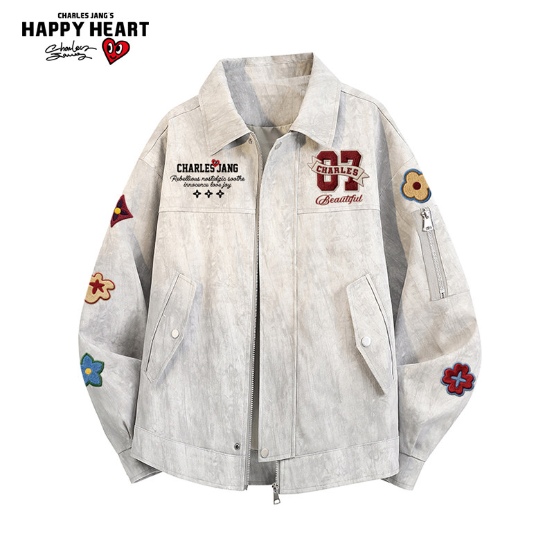 查尔斯桃心美式花卉印花扎染翻领外套男女春秋季新款潮流休闲夹克