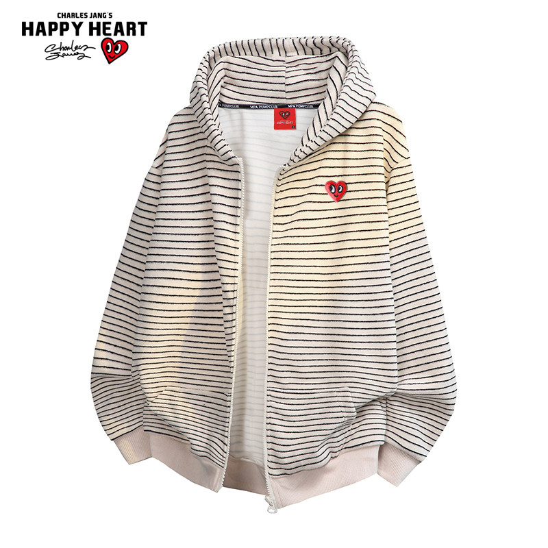 查尔斯桃心 美式条纹开衫卫衣男女款春秋季宽松休闲连帽外套情侣