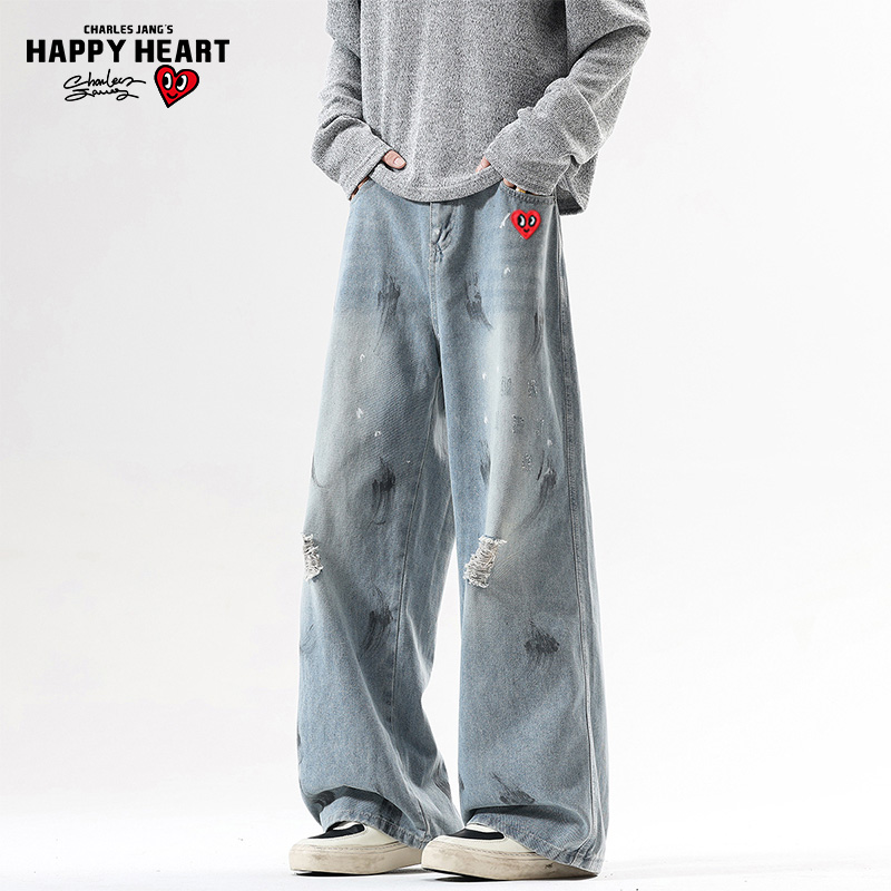 查尔斯桃心复古高街破洞牛仔裤