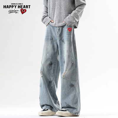 查尔斯桃心复古高街破洞牛仔裤