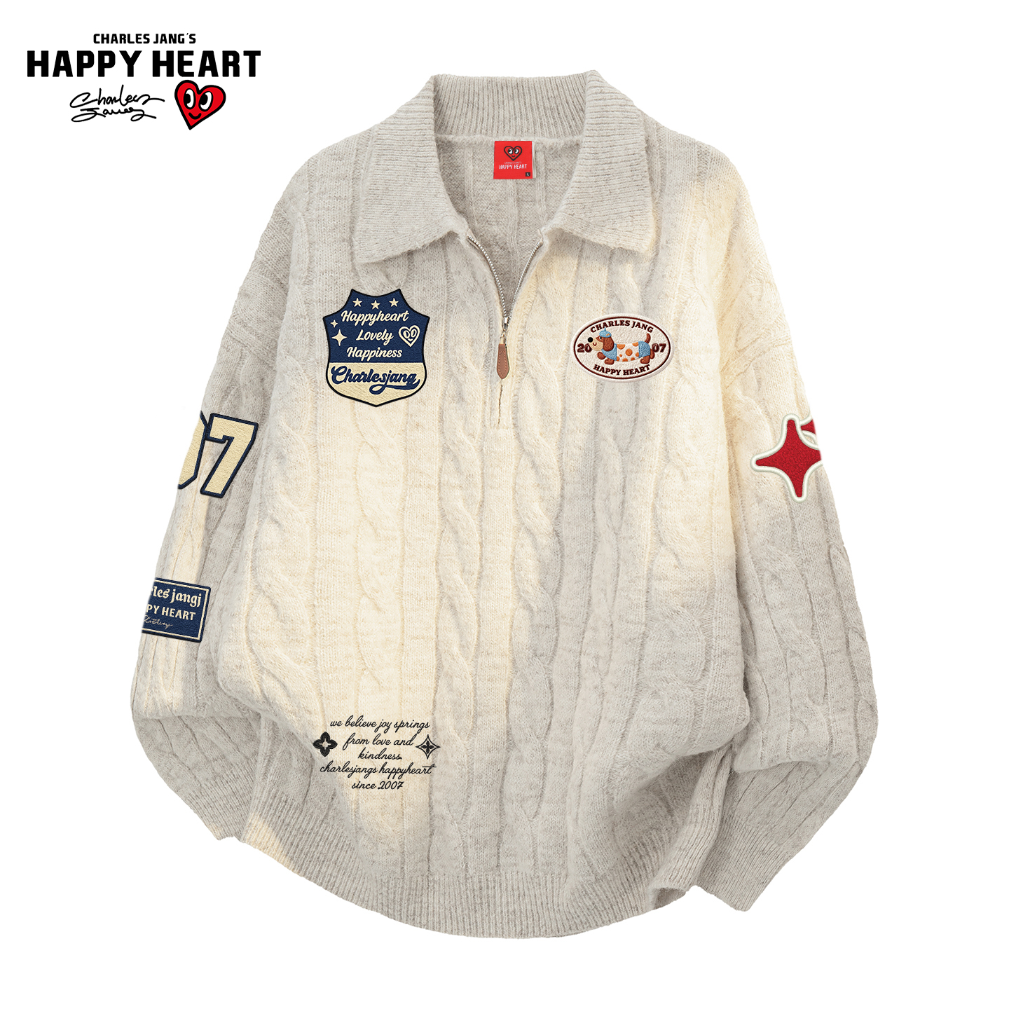 查尔斯桃心美式半拉链毛衣男女冬季新款麻花纹潮牌慵懒翻领针织衫