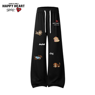 查尔斯桃心微喇加绒加厚卫裤秋冬宽松休闲裤美式垂感拖地裤子男款