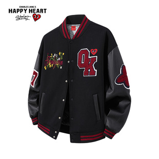 查尔斯桃心美式毛巾绣棒球服男外套春秋季新款潮牌情侣飞行服夹克