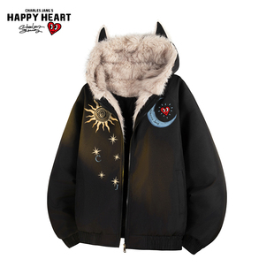 棉服外套 新款 查尔斯桃心美式 座山雕棉衣男女毛领连帽加厚防寒冬季