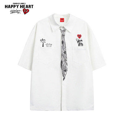 查尔斯桃心手绘领带印花短袖衬衫