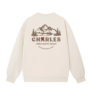 查尔斯桃心 山峰印花圆领卫衣男2025新款春秋季宽松休闲内搭套头