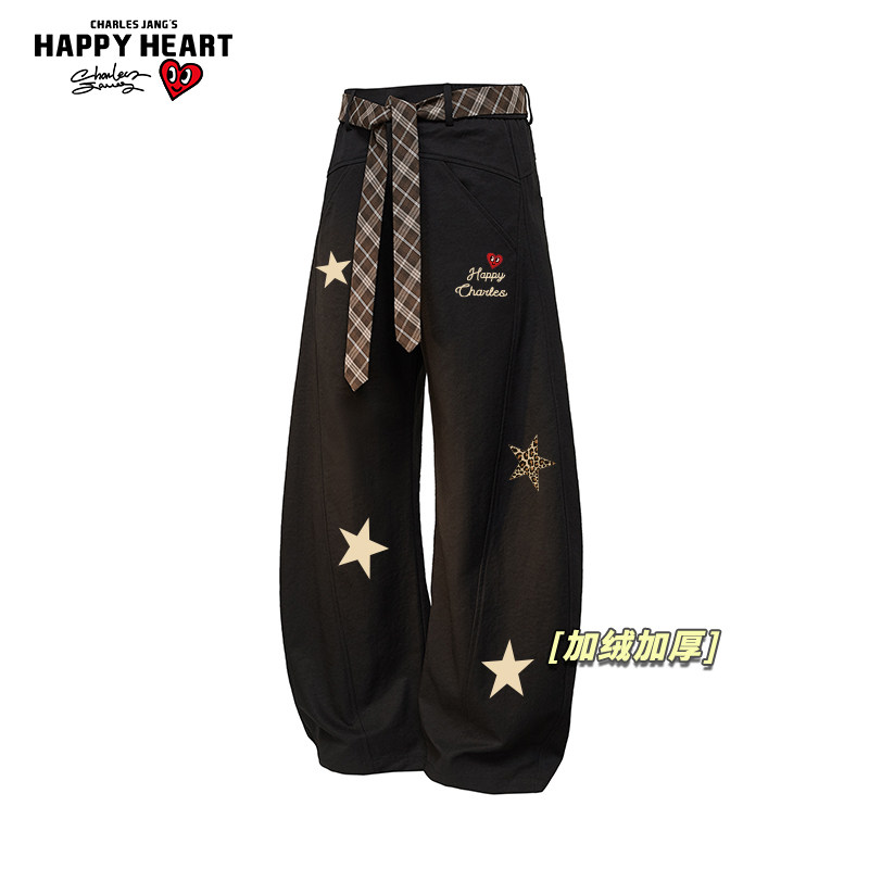 查尔斯桃心星星印花加绒加厚休闲长裤子男女冬季百搭直筒弯刀裤潮