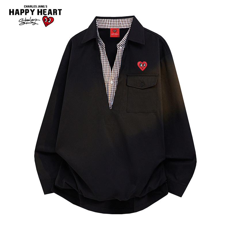 查尔斯桃心美式老钱风假两件卫衣男女春上新衬衫领拼接宽松POLO衫