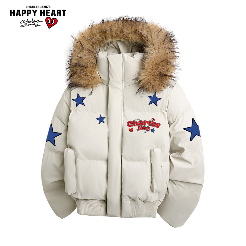 查尔斯桃心美式连帽毛领棉衣外套