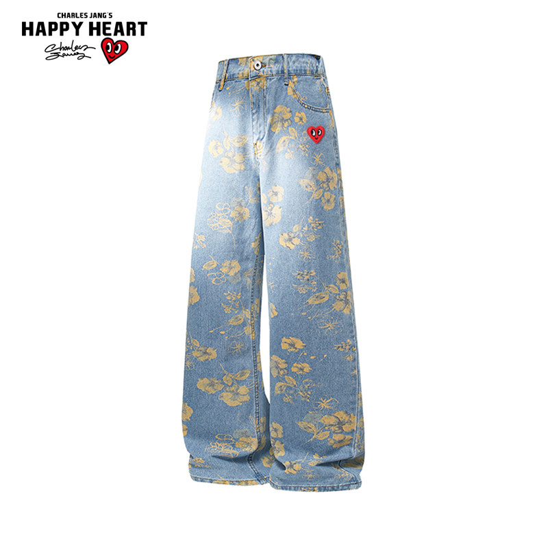 查尔斯桃心复古花卉满印牛仔裤潮男女宽松痞帅阔腿直筒休闲长裤子,男装,牛仔裤,淘宝优惠券,粉丝福利购,淘宝优惠卷