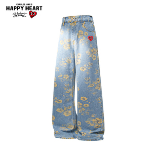 查尔斯桃心复古花卉满印牛仔裤潮男女宽松痞帅阔腿直筒休闲长裤子