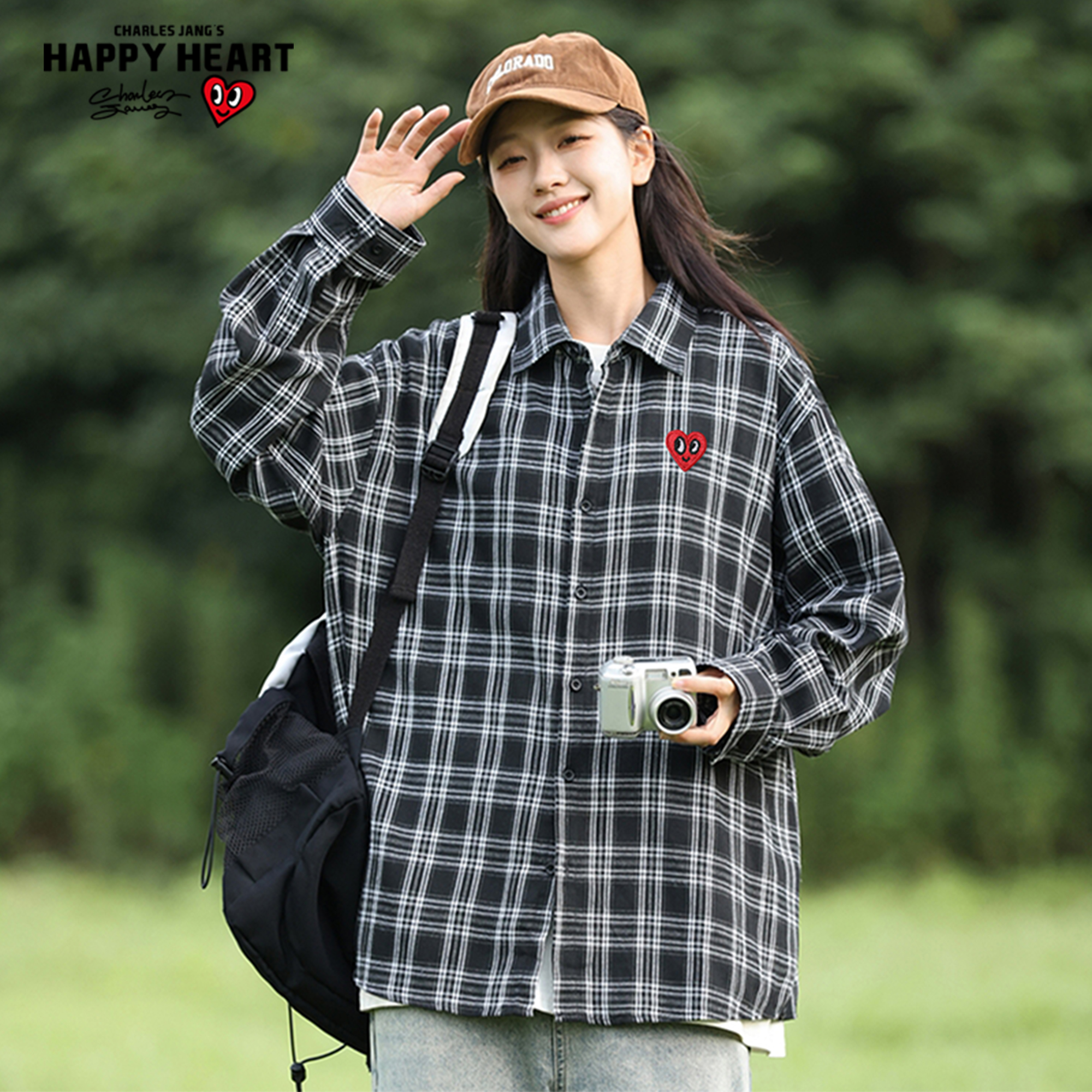 查尔斯桃心格子潮牌长袖衬衫